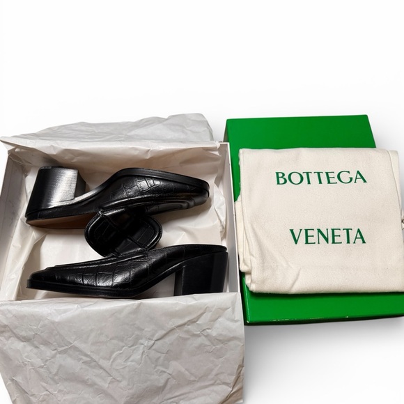 Bottega Veneta Shoes - Bottega Veneta Black Croc-Embossed Leather Mules